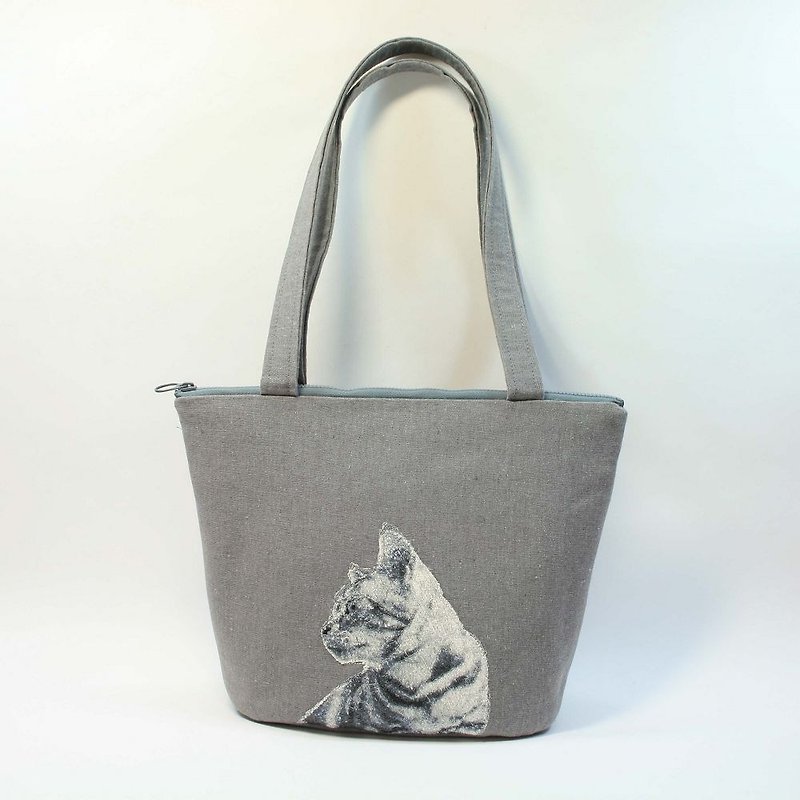 31cm Portable Shoulder Tote Bag 01-Grey Cat - กระเป๋าถือ - ผ้าฝ้าย/ผ้าลินิน สีเทา