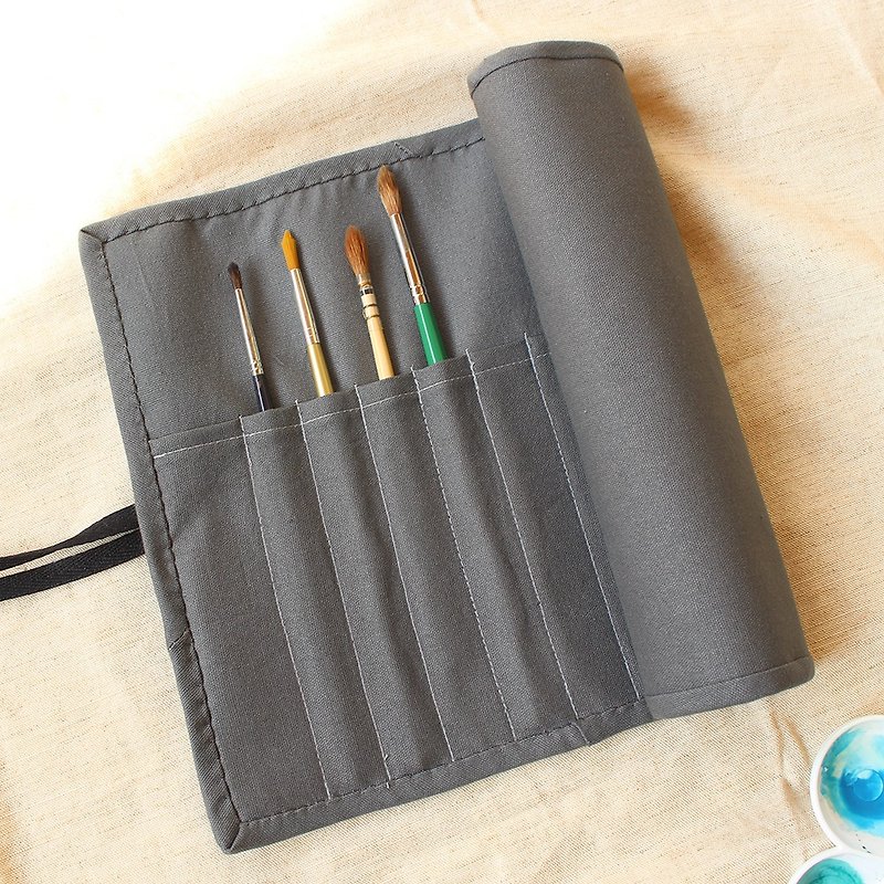 素色畫具袋/筆袋 工具收納袋 滾邊 巻物ケース 水彩絵具 - 鉛筆盒/筆袋 - 棉．麻 灰色