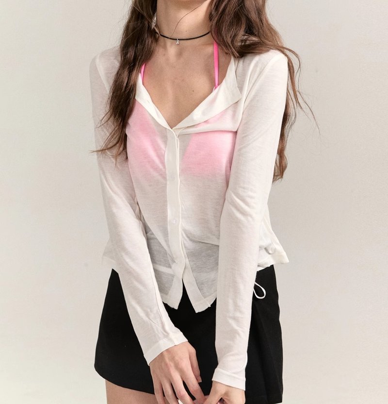 Korean casual micro-transparent silk sunscreen seaside holiday blouse top - เสื้อเชิ้ตผู้หญิง - ผ้าไหม หลากหลายสี