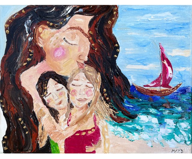 ビーチの母と二人の娘の絵画オリジナルアートワークビーチアート二人の女の子ウォル - ショップ マーガリーショップ ウォールデコ・壁紙 - Pinkoi