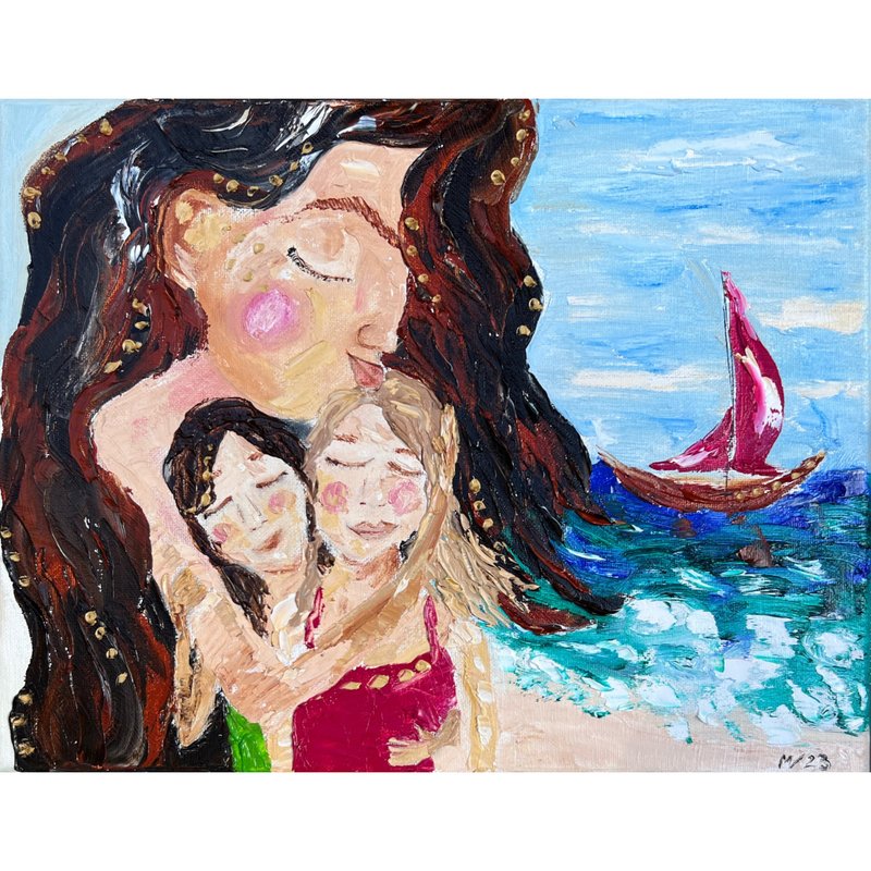 Beach Mother and Two Daughters Painting Original Artwork Beach Art Two Girls Wal - Wall Décor - Other Materials Multicolor