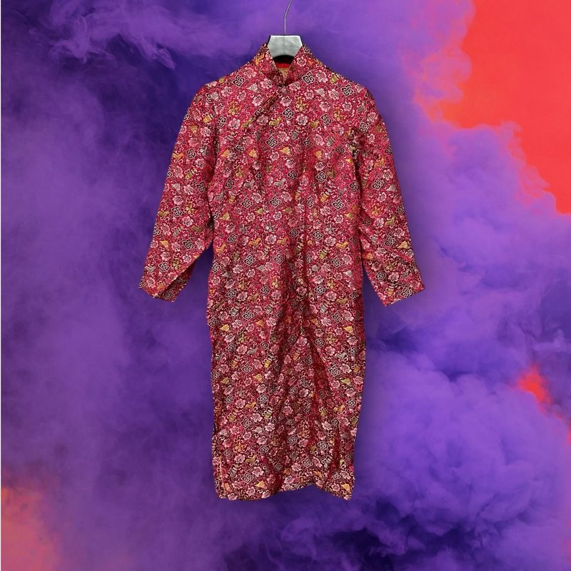 二手 古董訂製 酒紅 緹花 長袖 旗袍 PF1130 - 旗袍/改良式旗袍 - 棉．麻 紅色