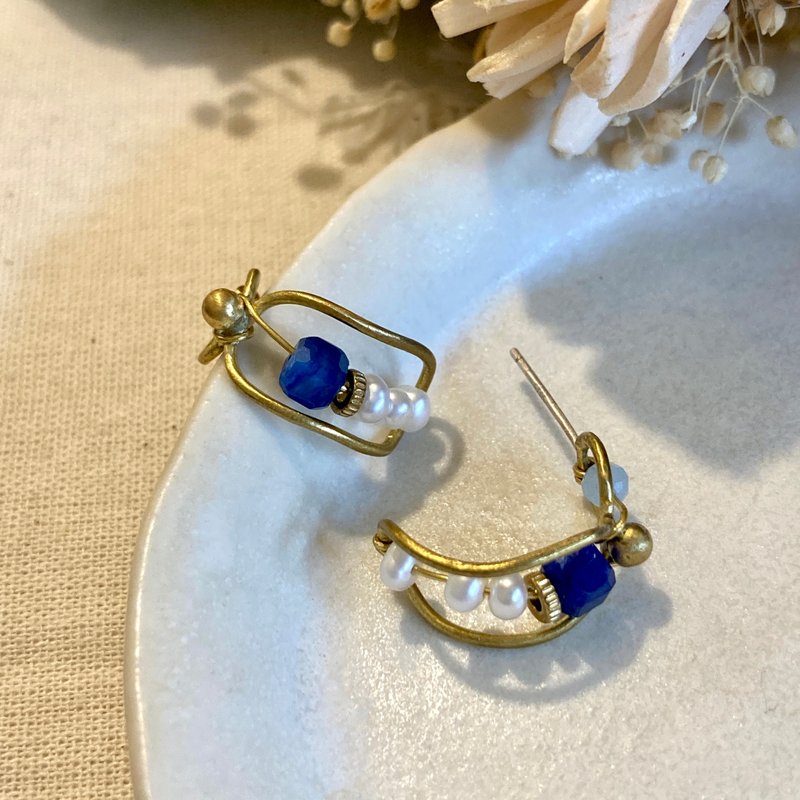 老林雜貨 | 藍晶珍珠絕美耳環 (針式 / 夾式) - 耳環/耳夾/耳骨夾 - 銅/黃銅 金色