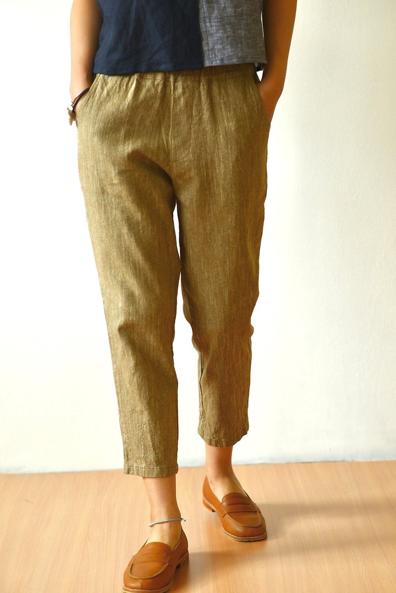 กางเกงเอวยางสีคาราเมล - กางเกงขายาว - ผ้าฝ้าย/ผ้าลินิน 
