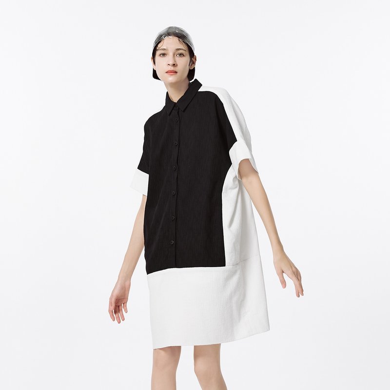 Embossed color matching stitching jacquard small dress - One Piece Dresses - Cotton & Hemp Black