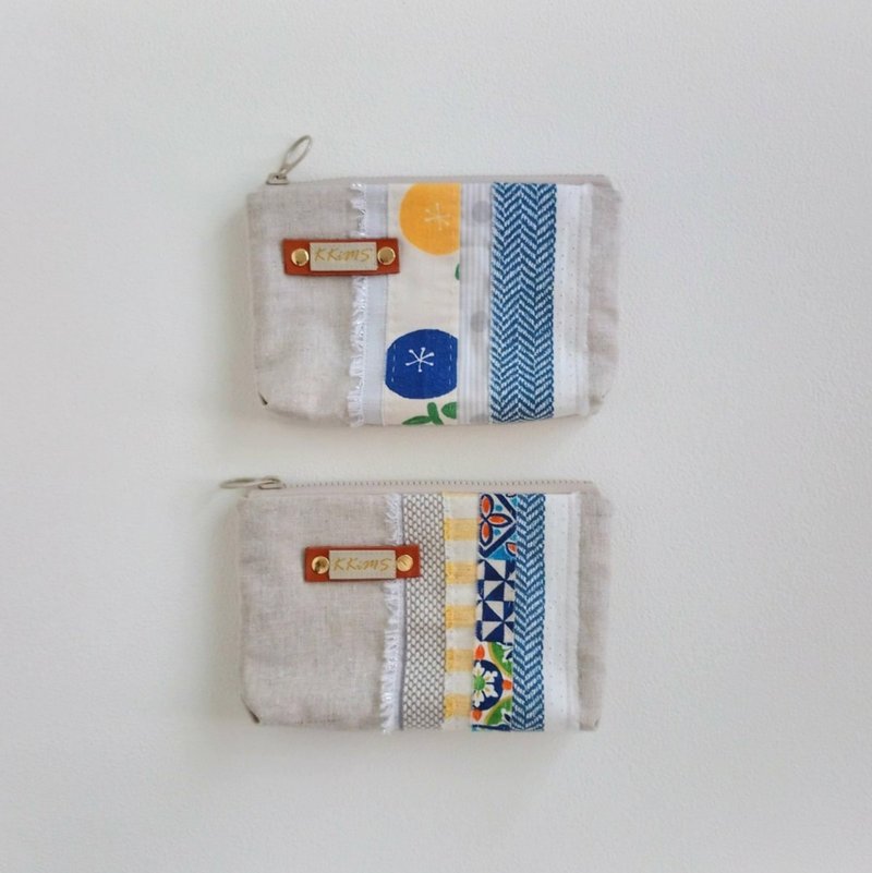 [FZK/Universal Storage Bag (Small)] Rag hand-stitched with yellow Japanese linen and French Silver onions - Toiletry Bags & Pouches - Cotton & Hemp Multicolor