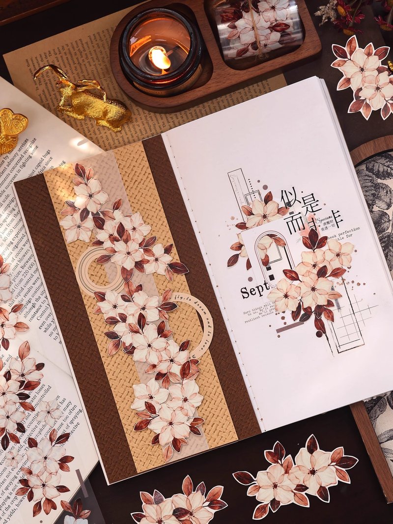 花漾四季  復古四色大小花卉和紙PET手帳貼膠帶手帳拼貼 - 紙膠帶/和紙/PET - 紙 多色