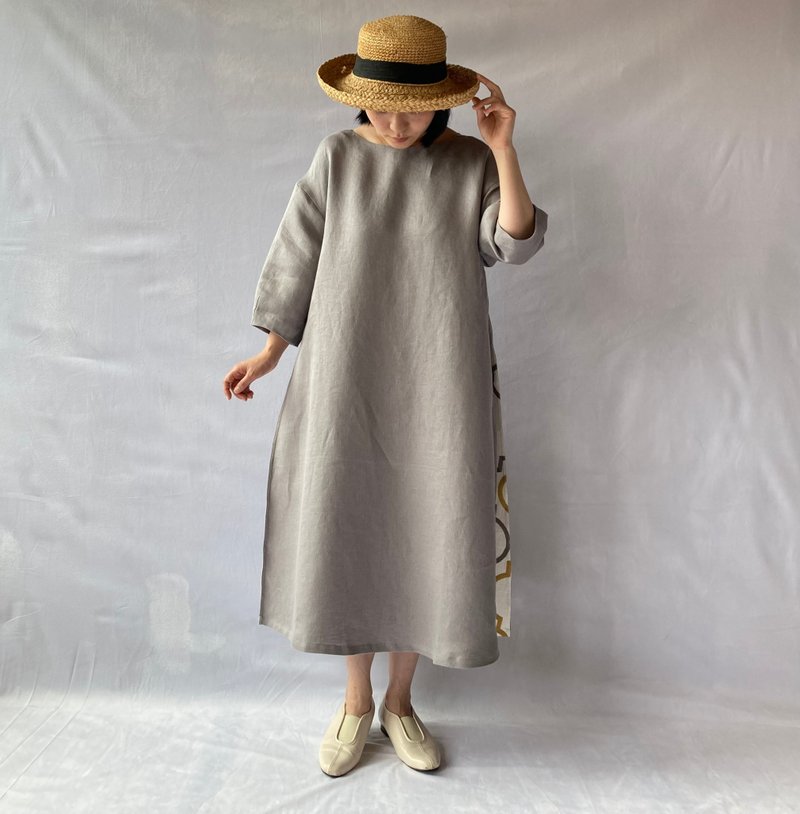 linen combination dress　lightgray/moroccan(embroidery) - One Piece Dresses - Cotton & Hemp Gray