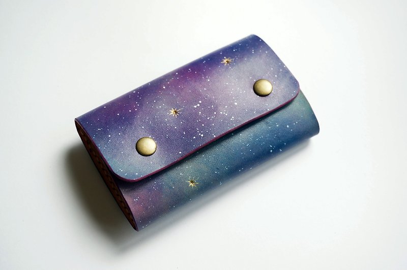手染宇宙星空 捲餅票夾鑰匙包 - 鑰匙圈/鎖匙扣 - 真皮 紫色