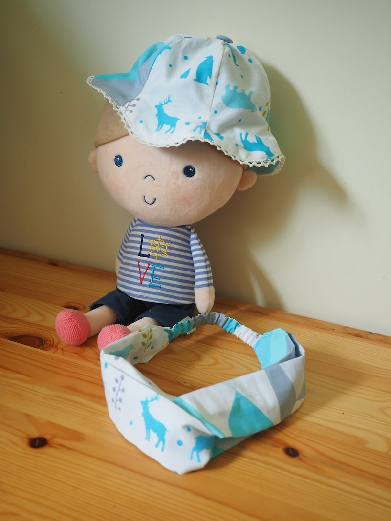 手作北歐簡約風藍色北極動物圖案嬰兒/小童帽子及髮帶套裝 - 彌月禮盒 - 棉．麻 藍色