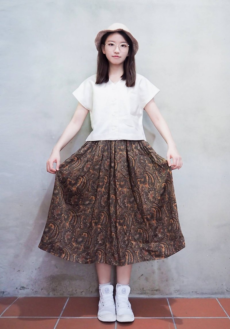 Vintage | brown coconut cashew flower elastic waist skirt loose - Skirts - Other Materials Brown