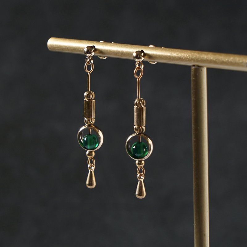 Green Agate Rainy Day Earrings-Can be clipped - ต่างหู - ทองแดงทองเหลือง สีดำ