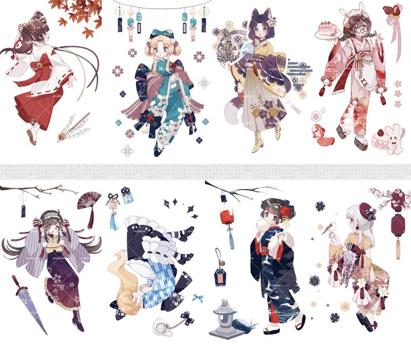 薰風月夜 和風古典少女 PET 紙膠帶 10米卷 - 紙膠帶/和紙/PET - 其他材質 多色