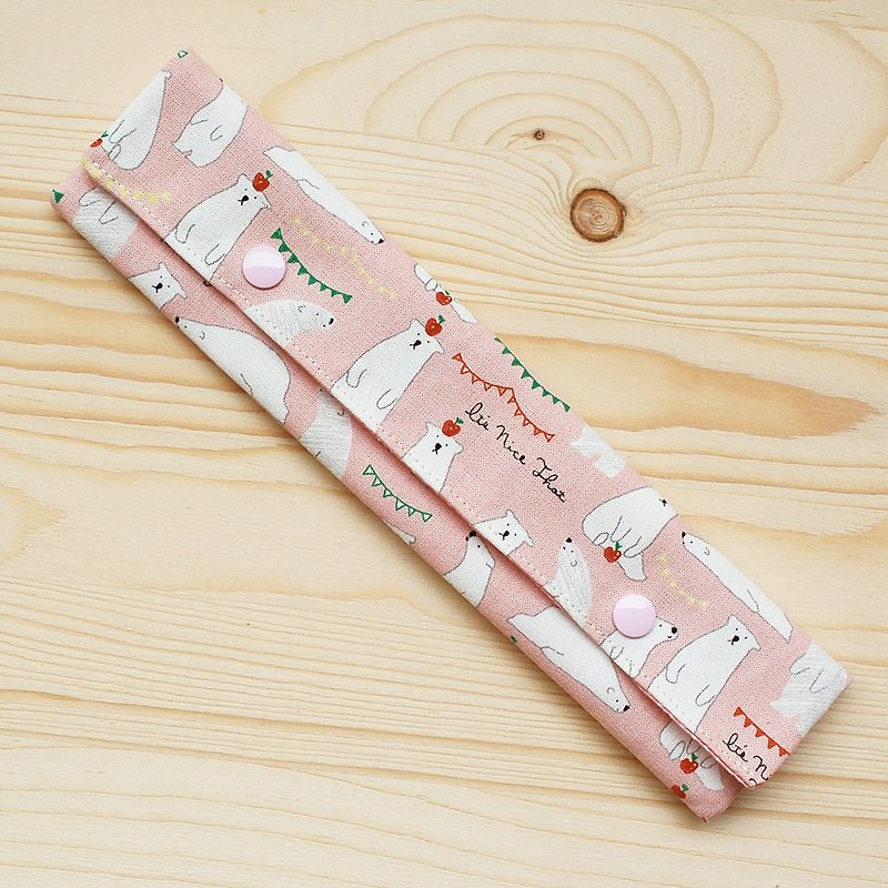 蘋果北極熊_粉 橫式筷袋餐具組/三件組 - 筷子/筷架 - 棉．麻 粉紅色