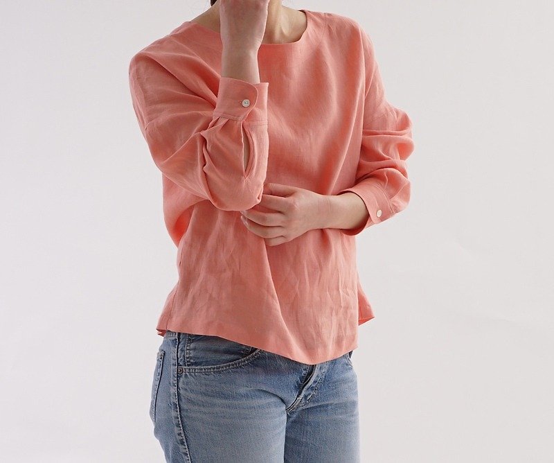 Lithuania linen cufflink shirt sleeve drop shoulder tops / Vesta t002a-vet1 - Women's Tops - Cotton & Hemp Pink