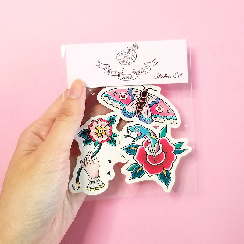 Tattostyle sticker set - Butterfly, snake, rose - Stickers - Paper Multicolor