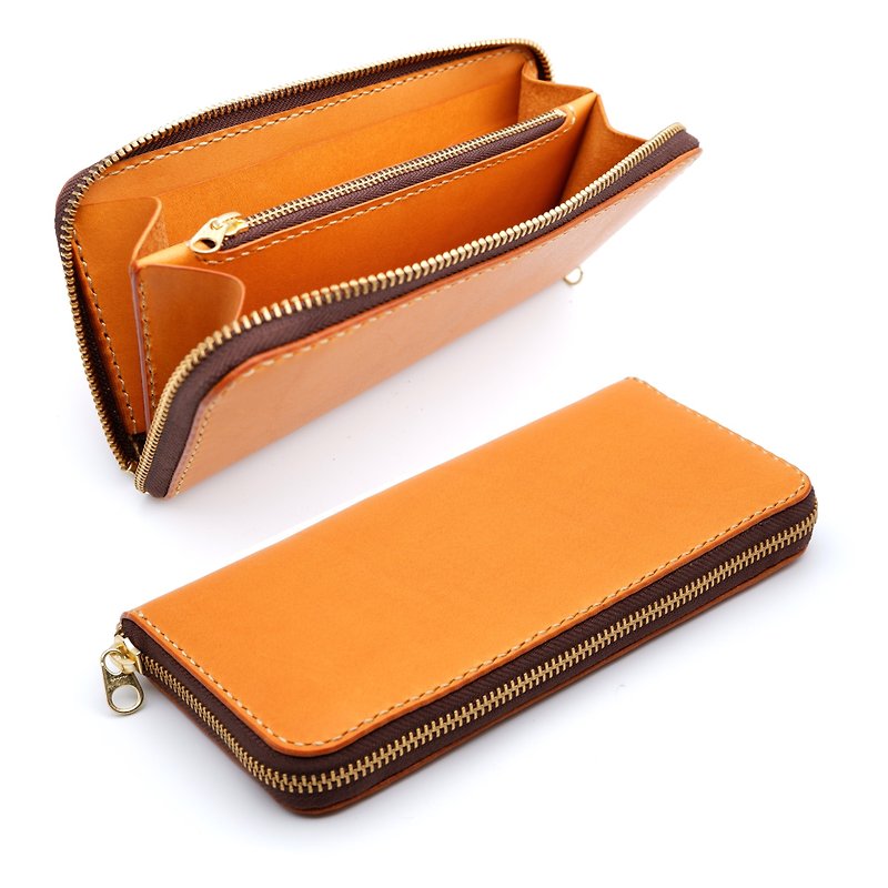 Round Zipper Long Wallet Camel Genuine Leather Made in Japan - Wallets - Genuine Leather Orange