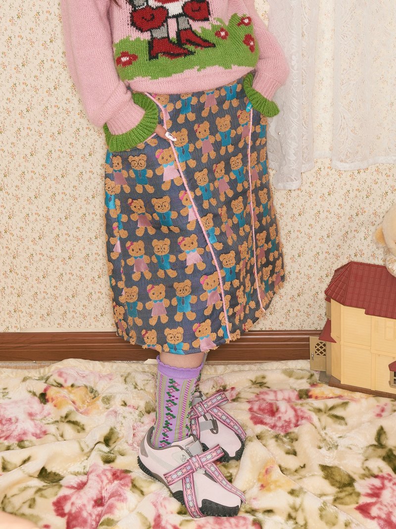 定織提花毛絨小熊撞色半身裙長裙可愛 - 裙子/長裙 - 其他材質 多色