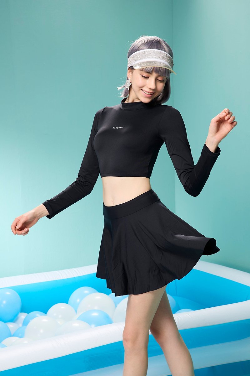 【SARLEE】Sleeve Two-piece Skirt Swimsuit (with Pad and Swimming Cap) - Women's Swimwear - Nylon Black