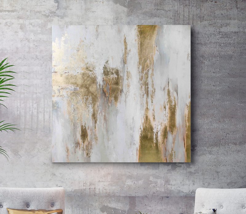 White Gold Painting | White Gold Abstract | White Wall Art | Cascade 3 - 壁貼/牆壁裝飾 - 棉．麻 金色