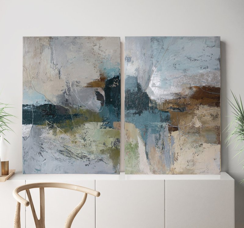 Abstract Blue Green Canvas Painting | Set of 2 Abstract Paintings | Fall Set - 壁貼/牆壁裝飾 - 棉．麻 藍色
