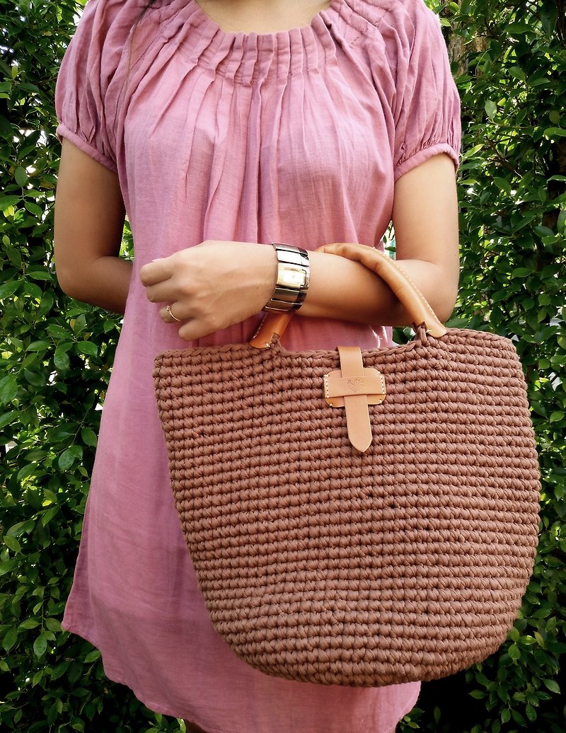 Handmade Vintage Crochet Tote Handbag (t-shirt yarn) with leather handle wrap - Handbags & Totes - Polyester Brown