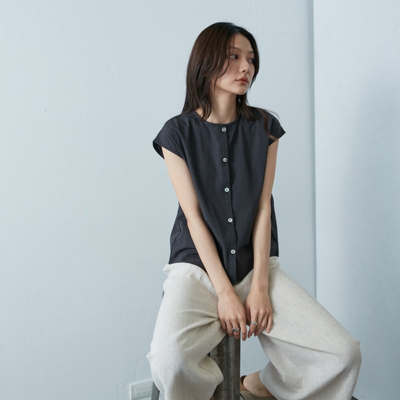 法式兩穿排釦上衣 - 黑織條 - 女裝上衣 - 棉．麻 黑色