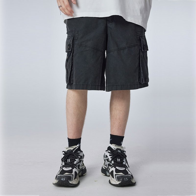 Summer cargo shorts man retro do old big pocket five minute pants - กางเกงขาสั้น - ผ้าฝ้าย/ผ้าลินิน สีดำ