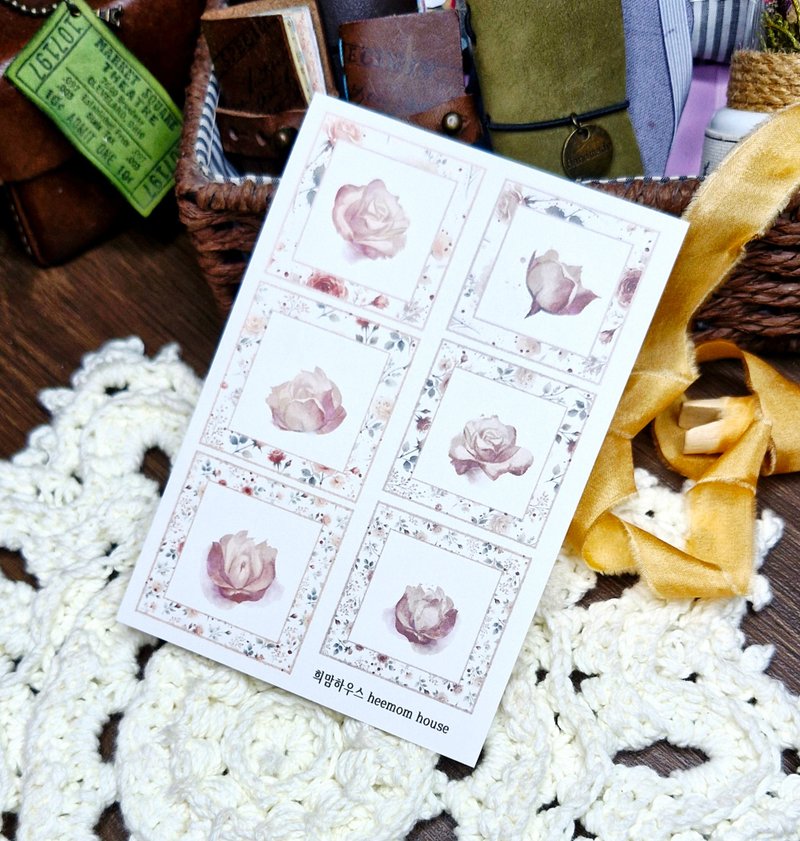 Watercolor rose square frame paper sticker - 貼紙 - 紙 白色