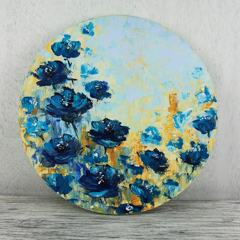 Abstract blue flowers | Original hand-painted Floral Painting room decoration - ตกแต่งผนัง - ผ้าฝ้าย/ผ้าลินิน สีน้ำเงิน