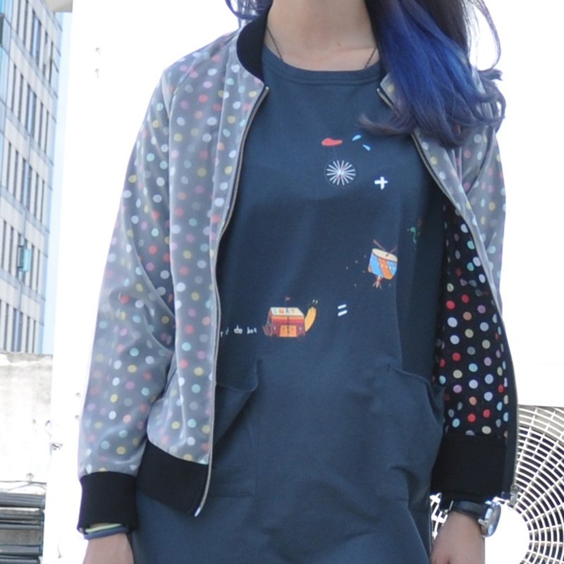 Transparent double-layer fabric short jacket with cross-shoulder sleeve light jacket-polka dot/geometric printing-2 colors - เสื้อแจ็คเก็ต - ไฟเบอร์อื่นๆ สีดำ