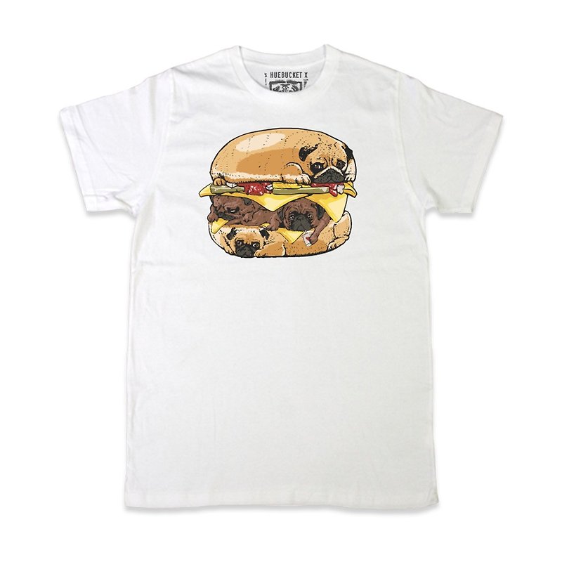PUG Life • Pug Burger • Unisex T-shirt - เสื้อยืดผู้ชาย - ผ้าฝ้าย/ผ้าลินิน ขาว