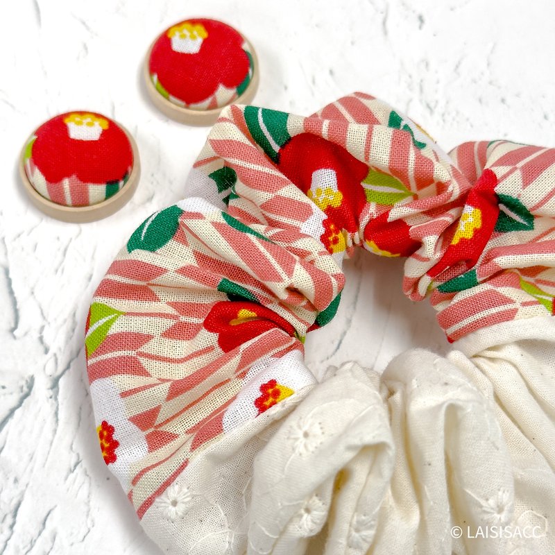 Handmade patchwork lotus leaf hairband + wooden support fabric earrings set - ต่างหู - ผ้าฝ้าย/ผ้าลินิน สึชมพู