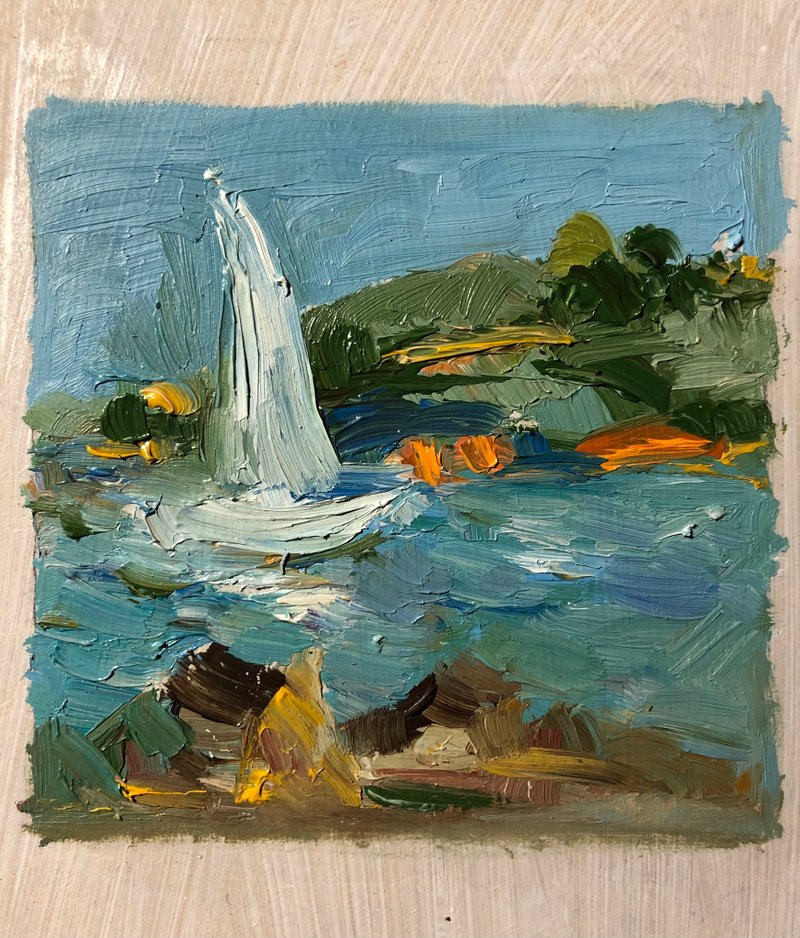 Etude with sails Seascape Original Small Painting Wall Art Home Decor - 壁貼/牆壁裝飾 - 木頭 多色