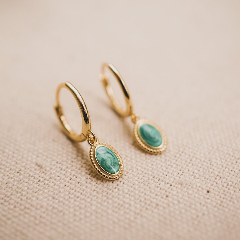 復古祖母綠暈染金幣耳扣 - 14K耳環  - 綠色耳環 - 高貴耳環 - 耳環/耳夾 - 其他金屬 多色
