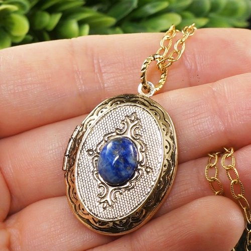 ラピスラズリ オーバル ゴールデン ロケット ネックレス ブルー