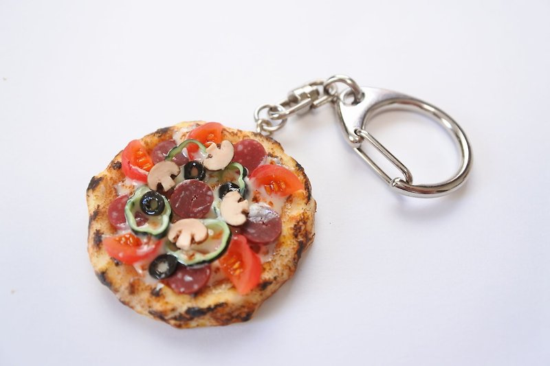 Clay Keychains Orange - Miniature food,Pizza key holder with tomato and salami