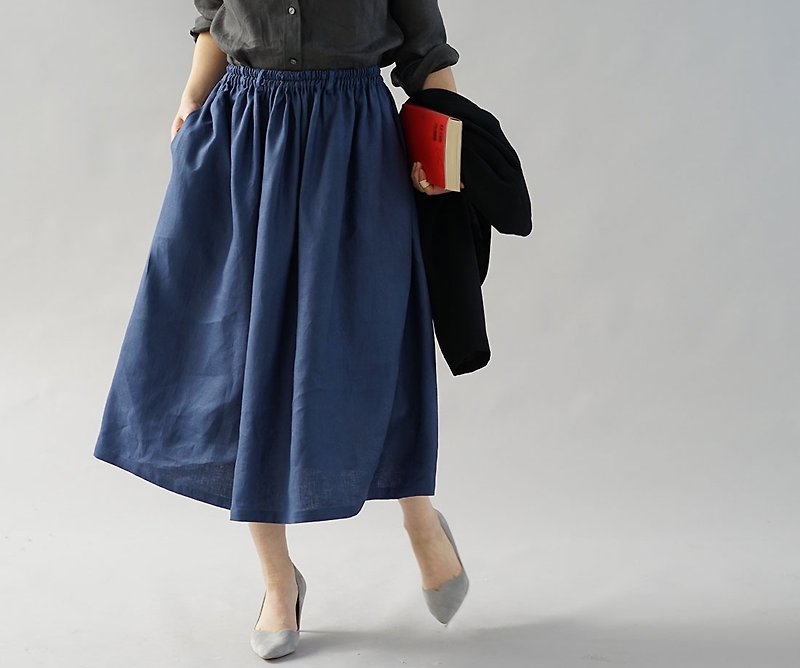 wafu - 純亞麻長裙 Midweight Linen Gathered Skirt / Bleu Marine s004b-bum2 - Skirts - Linen Blue