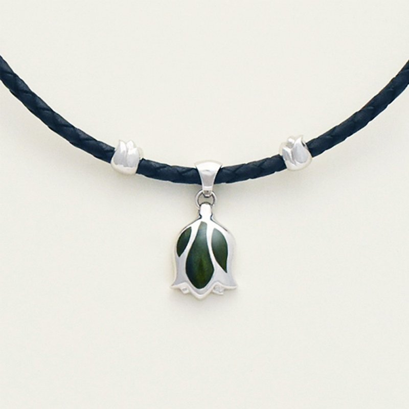 Tulip Necklace-Dark Olive Green (Italian Genuine Leather Cord) - สร้อยคอ - โลหะ สีเขียว