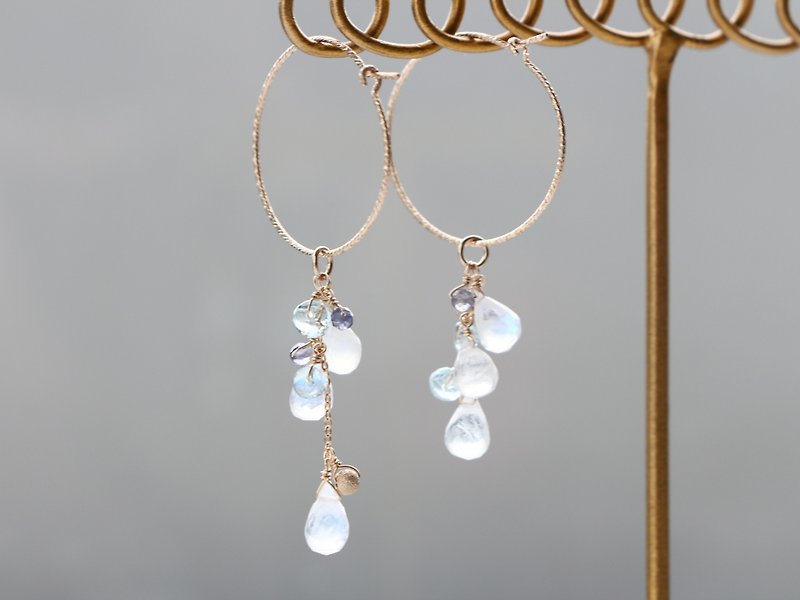 14kgf-rainbow moonstone glitter hoop pierced earrings(can change to clip-on) - Earrings & Clip-ons - Gemstone Transparent