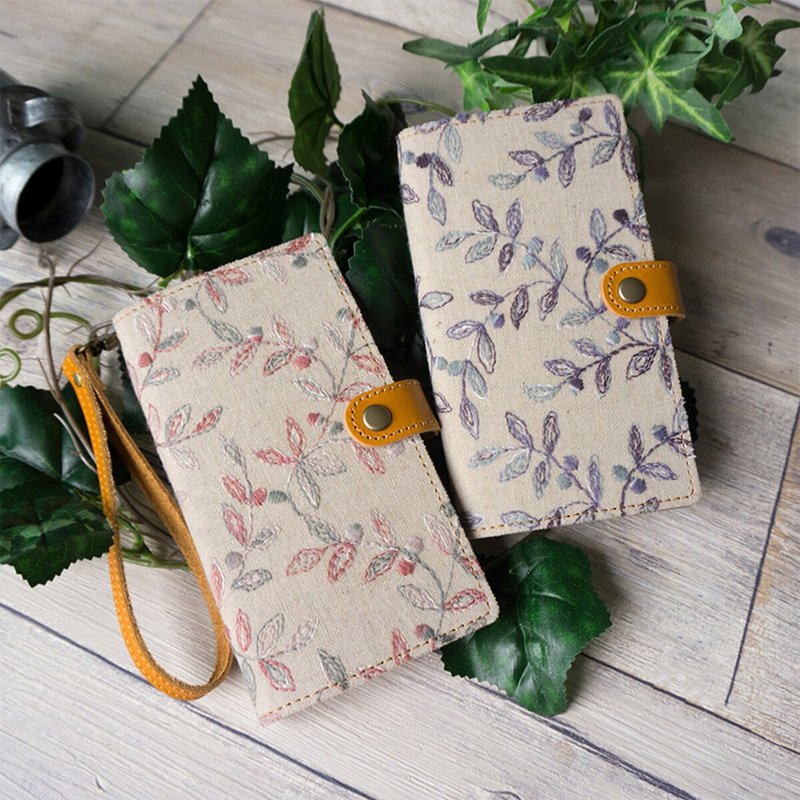 全機種対応 スマホケース 手帳型 【 ボタニカル 刺繍 】 リーフ 本革 レザー 純国産 AL11K - 手機殼/手機套 - 繡線 白色