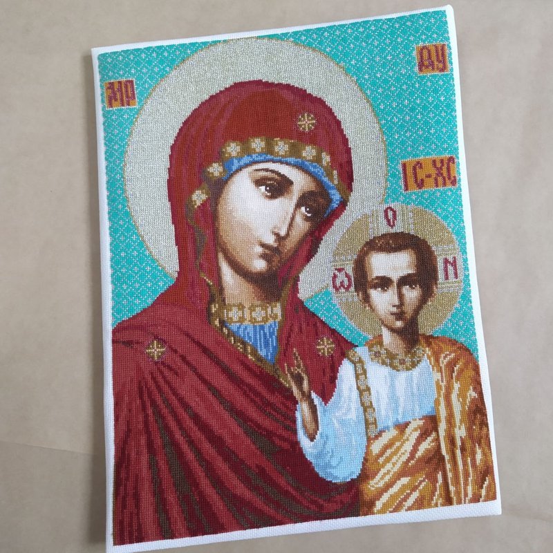 Orthodox Icon of Mother God, Hand Cross Stitched Artwork, Gifts, Home Decor - 壁貼/牆壁裝飾 - 棉．麻 多色