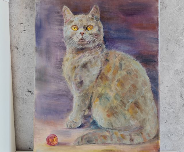 キャンバスに灰色の猫の油絵 - ショップ OksanaArt ウォールデコ