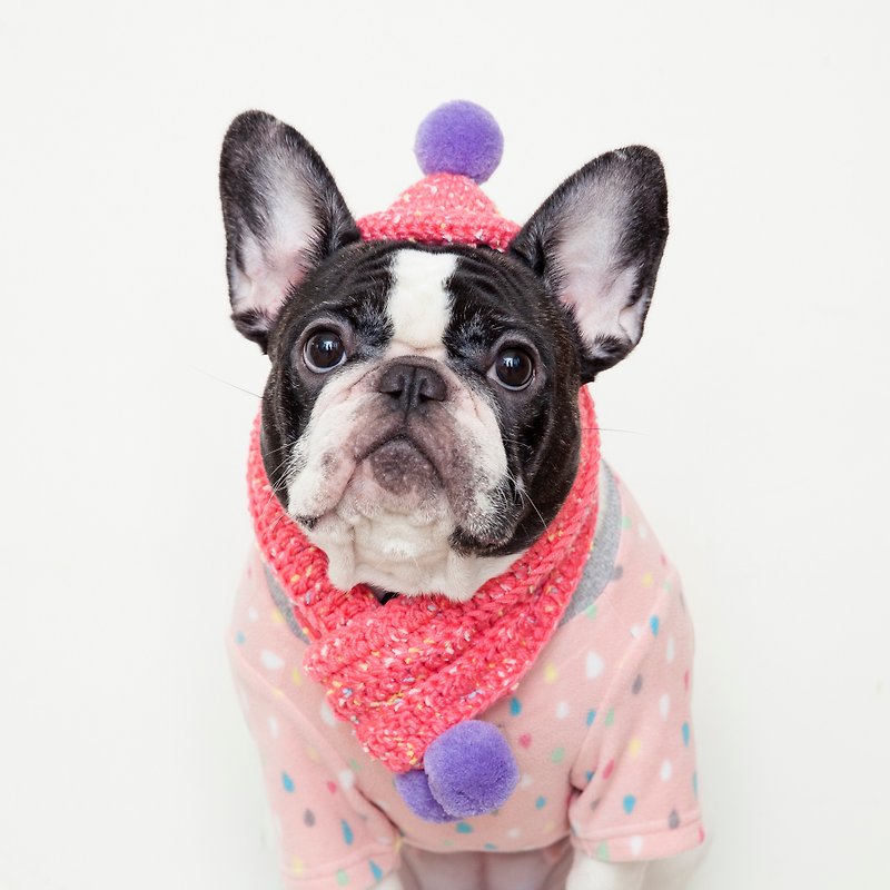 撒花球球喜洋洋毛帽 兩用暖暖圍巾-西瓜紅 - 寵物衣服 - 聚酯纖維 紅色