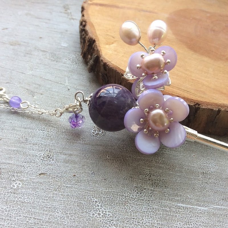 Handmade by meow~Chinese style double-sided plum blossom natural amethyst hairpin - Hair Accessories - Other Materials Purple
