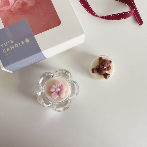Yu’s Candle 香氛蠟燭禮盒 小花燭臺+櫻花 小熊茶蠟 手工蠟燭 婚禮小物