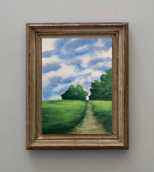 OsipovArtStudio Original Watercolor Painting Green Field Art Blue Sky Landscape Trees Painting