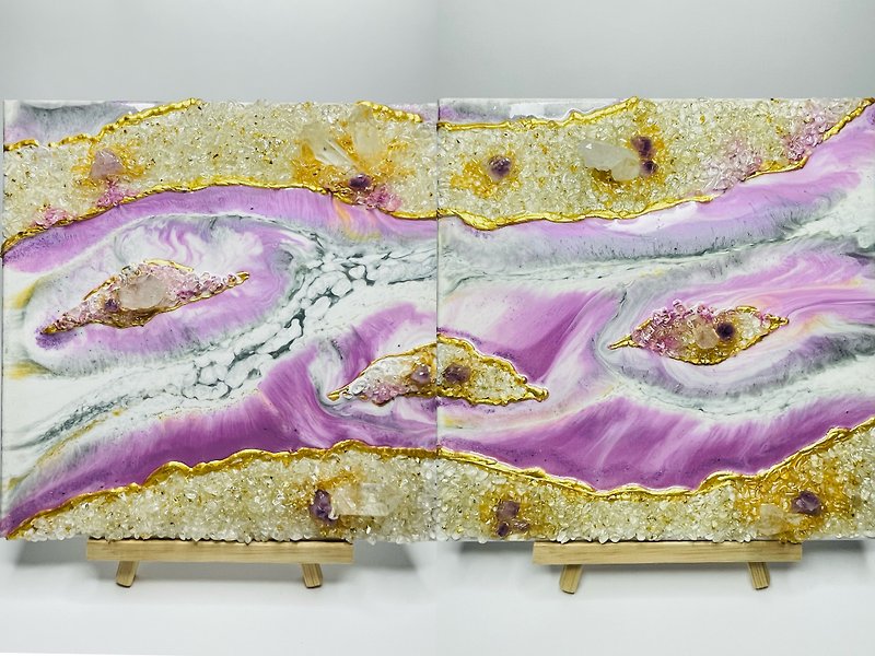微薰藝術 紫粉雲河對畫水晶掛畫 白水晶柱、白水晶、紫水晶原礦 - 牆貼/牆身裝飾 - 樹脂 紫色