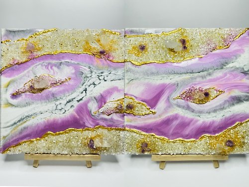微薰藝術 微薰藝術 紫粉雲河對畫水晶掛畫 白水晶柱、白水晶、紫水晶原礦