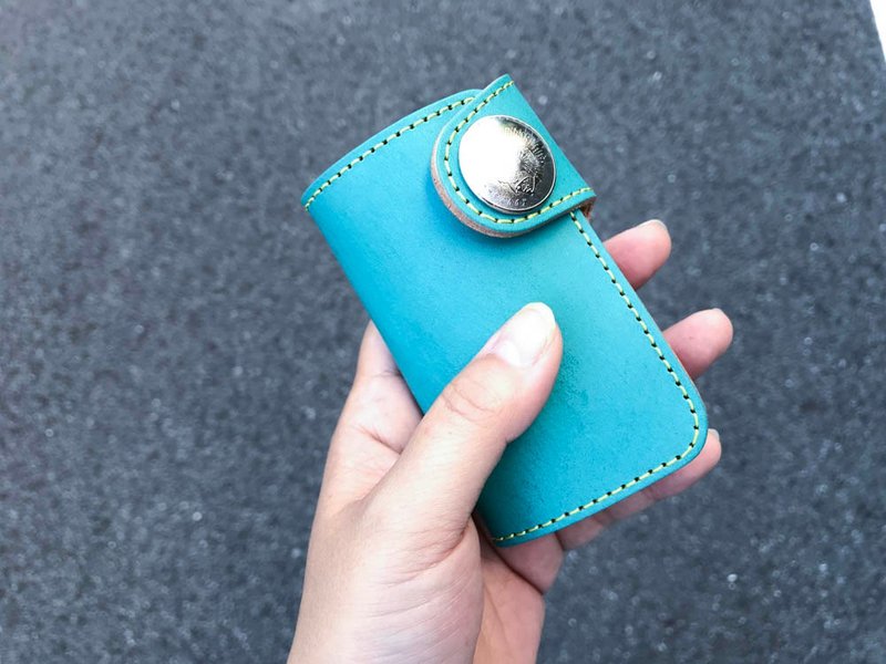 TWO FOLD Summer color refreshing blue Two-fold key case Men's concho button TFK-TY-YSi - Keychains - Genuine Leather Blue